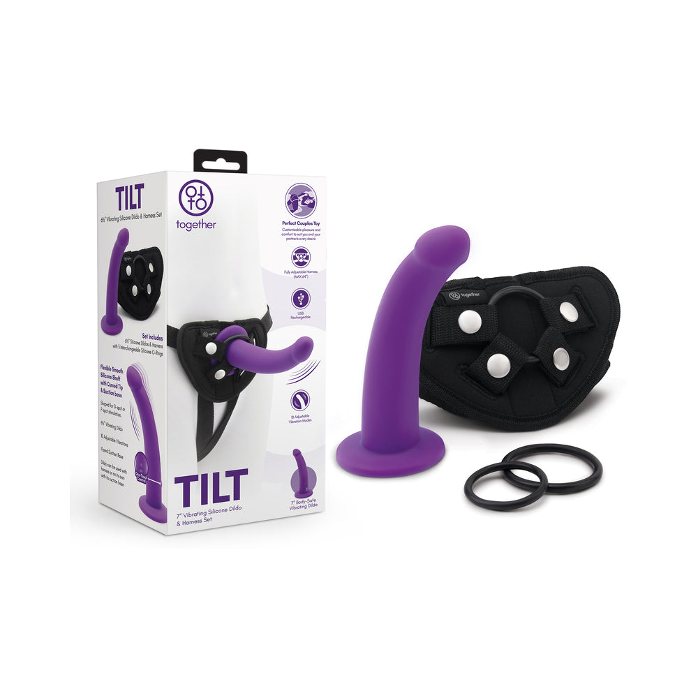 Together Tilt 6.5 in. Silicone Dildo and Harness Set Purple